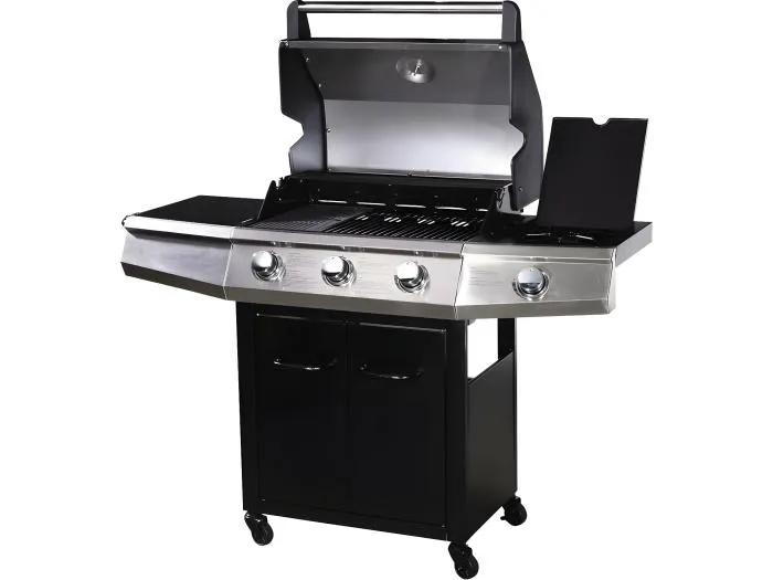 Gasgrill mit LED "Bingo 4" - 4 Brenner davon 1 Seitenbrenner - 14 kW + Schutzhülle - Schwarz