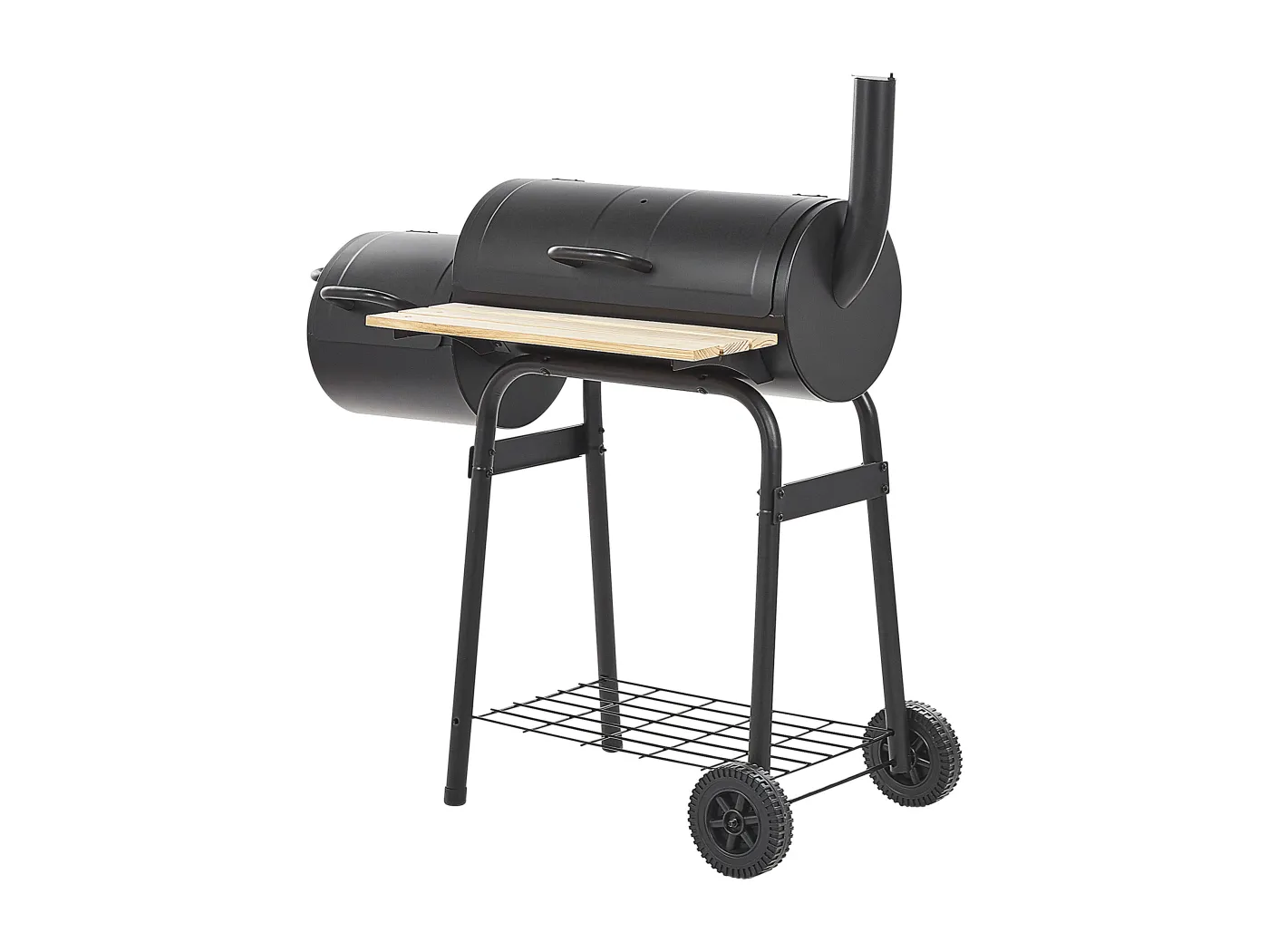 Holzkohlegrill schwarz aus Stahl mit Räucherkammer rollbar Tonnengrill BBQ Satah