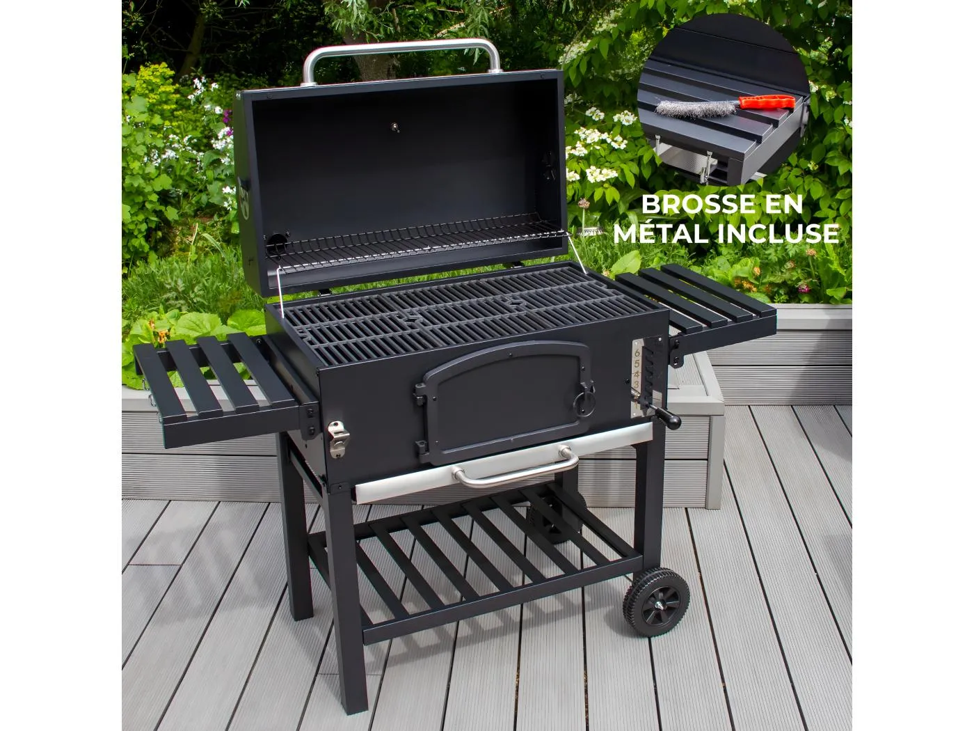 XXL Holzkohlegrill BBQ Smoker Grillwagen Wagen Grill Räucherofen Schwarz Edelstahl Einstellbares Ofenthermometer Ablagen Aufhängehaken Flaschenöffner Garten Terrasse Rädern Abdeckung Drahtbürste