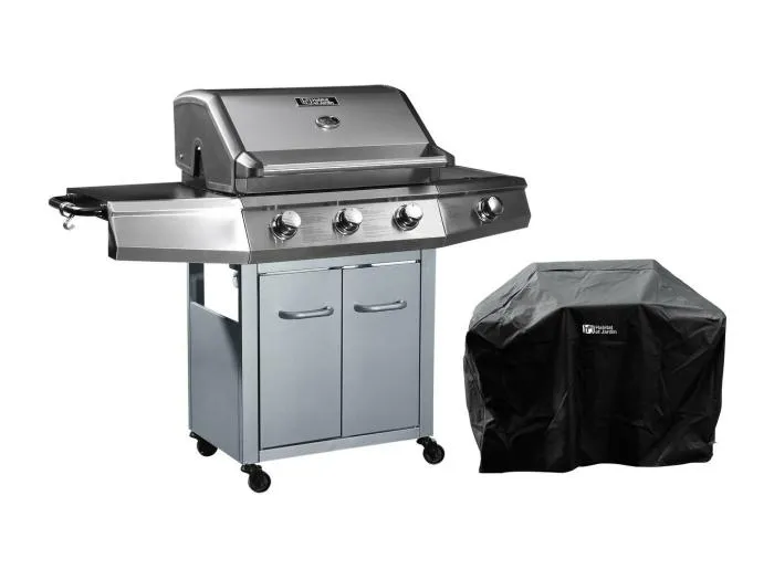 Gasgrill mit LED "Bingo 4" - 4 Brenner davon 1 Seitenbrenner - 14 kW + Schutzhülle - Silberfarben