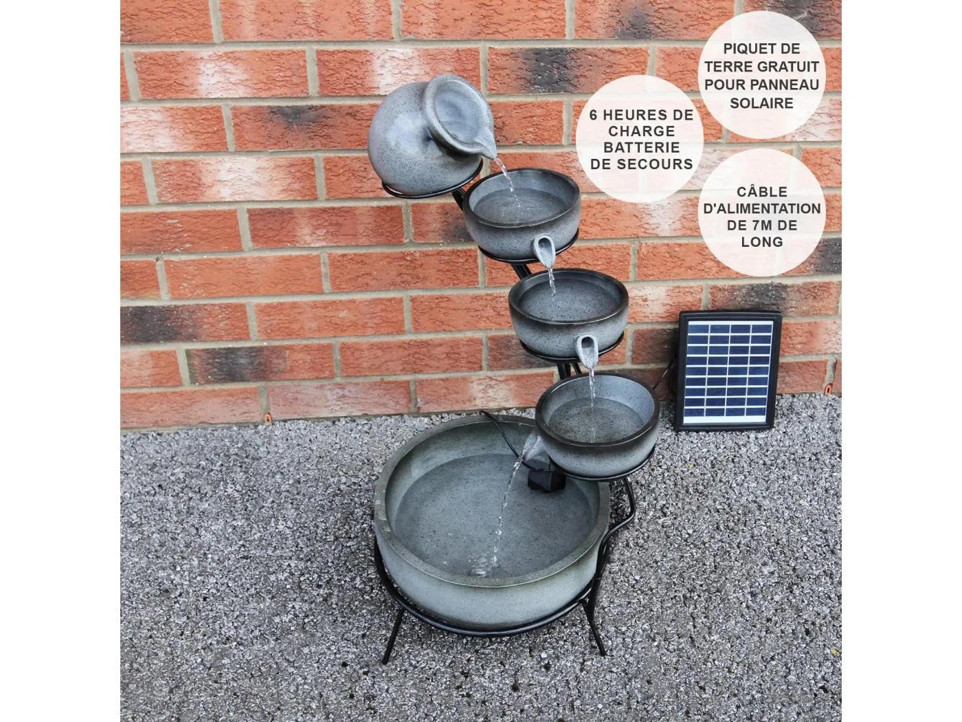 Kaskadenbrunnen 4-stufiger Wasserbrunnen Grau Solar-Wasserspiel mit überlaufenden Schalen Wasserbrunnen Solarbrunnen Gartenbrunnen solarbetrieben Springbrunnen Zierbrunnen