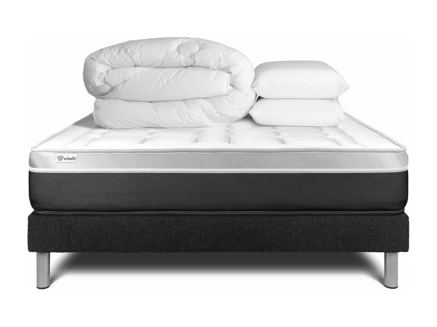 Komplettpaket Bett - Matratze 160x200 cm + Boxspringbett mit Lattenrost (im Set) + 2 Kopfkissen + Bettdecke - Vital Soft