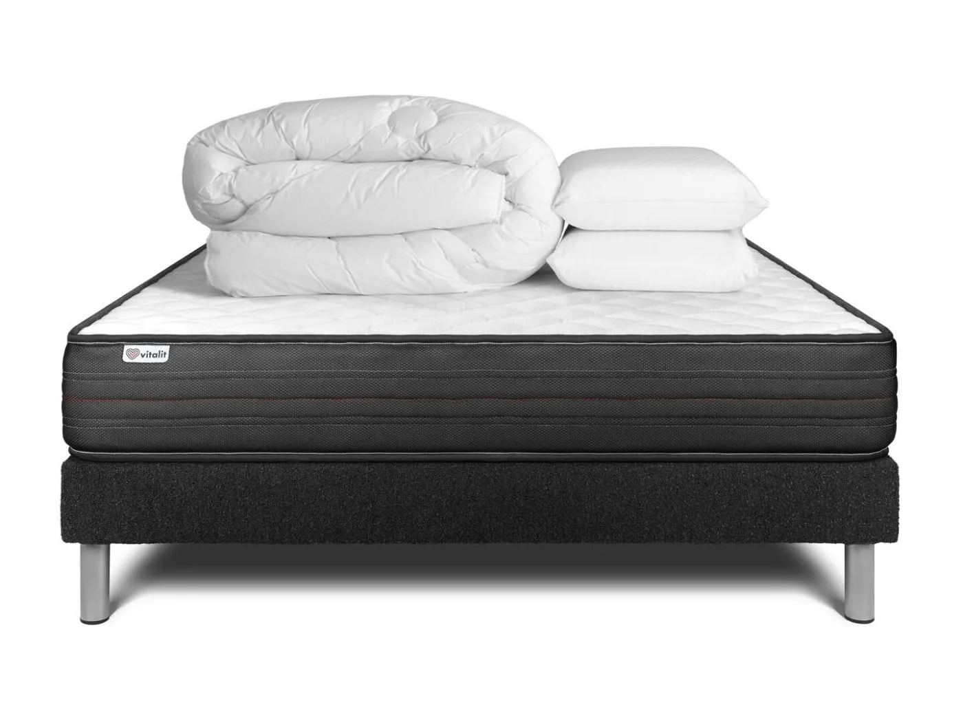 Komplettpaket Bett - Matratze 160x200 cm + Boxspringbett mit Lattenrost (im Set) + 2 Kopfkissen + Bettdecke - Vitalpower