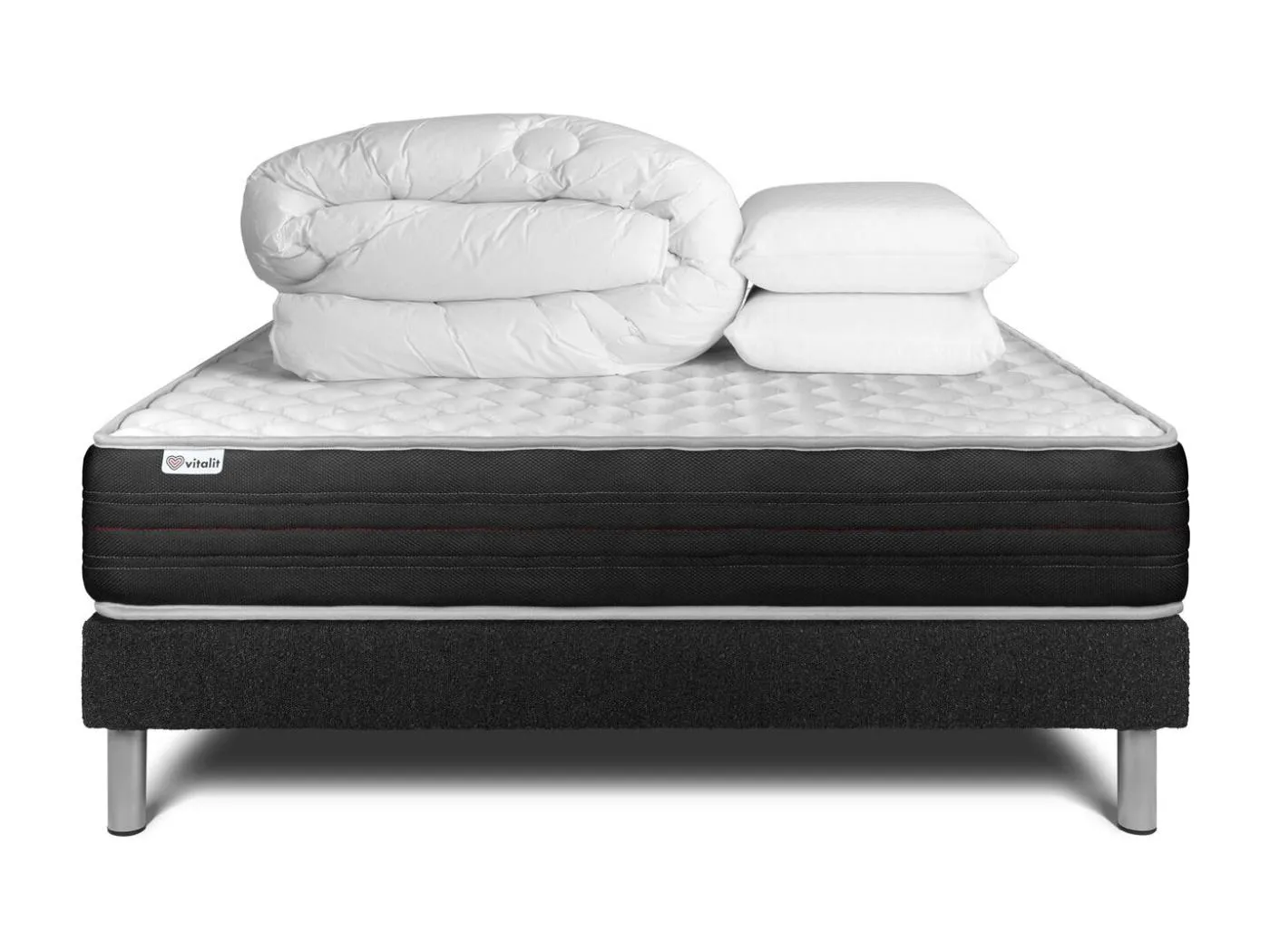 Komplettpaket Bett - Matratze 140x190 cm + Boxspringbett mit Lattenrost (im Set) + 2 Kopfkissen + Bettdecke - Vitalmemo One