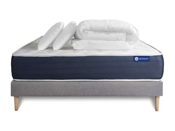 Komplettpaket Bett - Matratze 200x200 cm + Boxspringbett mit Lattenrost (im Set) + 2 Kopfkissen + Bettdecke - Actilatex Sleep