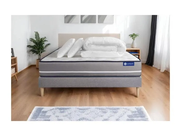Komplettpaket Bett - Matratze 180x200 cm + Boxspringbett mit Lattenrost (im Set) + 2 Kopfkissen + Bettdecke - Actimemo Pur