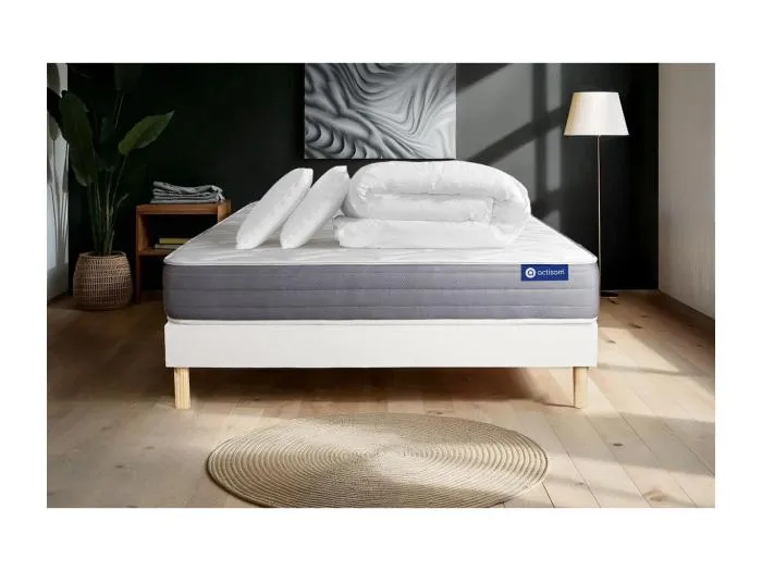 Komplettpaket Bett - Matratze 140x200 cm + Boxspringbett mit Lattenrost (im Set) + 2 Kopfkissen + Bettdecke - Actimemo Dream