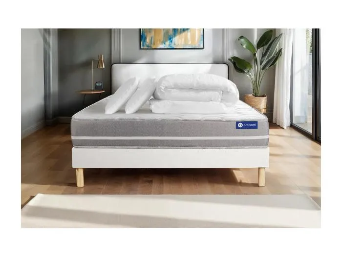 Komplettpaket Bett - Matratze 200x200 cm + Boxspringbett mit Lattenrost (im Set) + 2 Kopfkissen + Bettdecke - Actimemo Touch