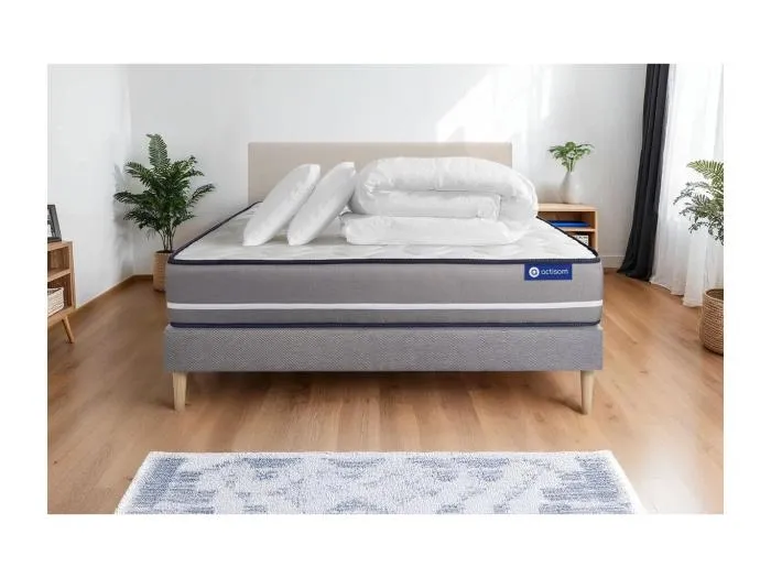Komplettpaket Bett - Matratze 140x190 cm + Boxspringbett mit Lattenrost (im Set) + 2 Kopfkissen + Bettdecke - Actiflex Pur