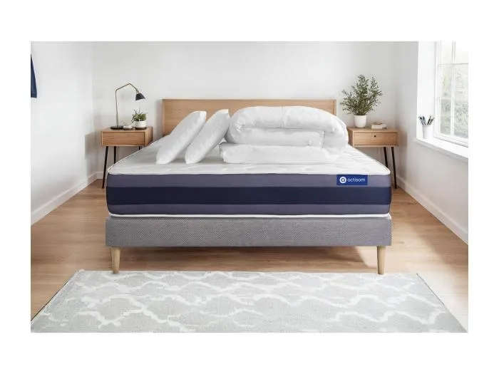 Komplettpaket Bett - Matratze 140x190 cm + Boxspringbett mit Lattenrost (im Set) + 2 Kopfkissen + Bettdecke - Actilatex Morpho