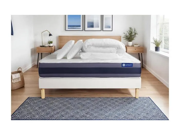 Komplettpaket Bett - Matratze 140x200 cm + Boxspringbett mit Lattenrost (im Set) + 2 Kopfkissen + Bettdecke - Actiflex Morpho