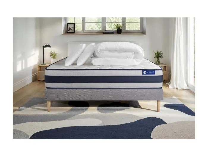 Komplettpaket Bett - Matratze 180x200 cm + Boxspringbett mit Lattenrost (im Set) + 2 Kopfkissen + Bettdecke - Actimemo Ergo