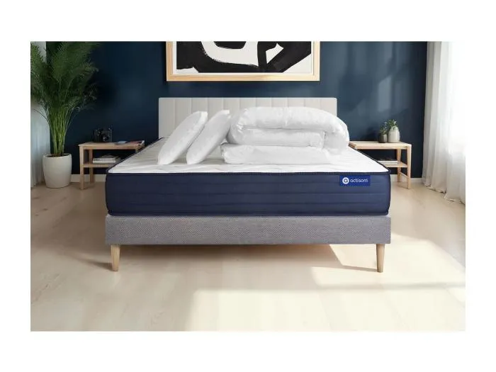 Komplettpaket Bett - Matratze 200x200 cm + Boxspringbett mit Lattenrost (im Set) + 2 Kopfkissen + Bettdecke - Actilatex Life