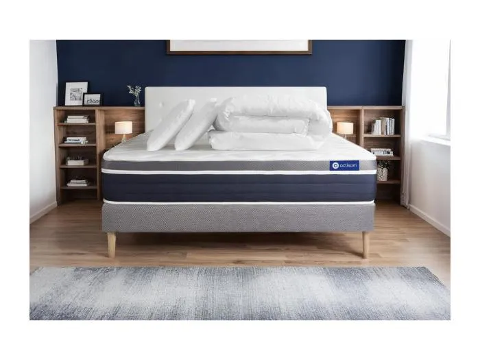 Komplettpaket Bett - Matratze 140x190 cm + Boxspringbett mit Lattenrost (im Set) + 2 Kopfkissen + Bettdecke - Actiflex Confort