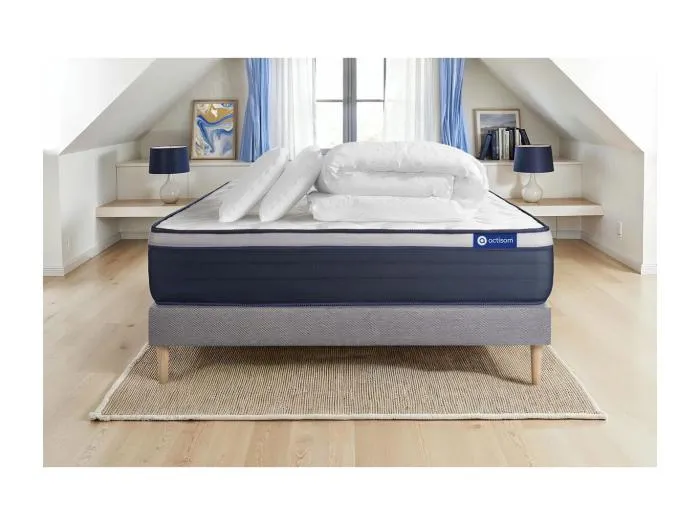 Komplettpaket Bett - Matratze 160x200 cm + Boxspringbett mit Lattenrost (im Set) + 2 Kopfkissen + Bettdecke - Actilatex Max