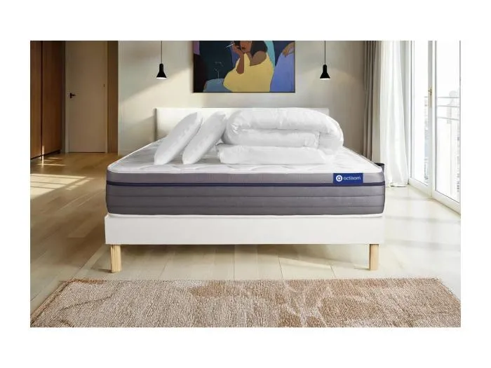Komplettpaket Bett - Matratze 140x190 cm + Boxspringbett mit Lattenrost (im Set) + 2 Kopfkissen + Bettdecke - ActiMemo Zen