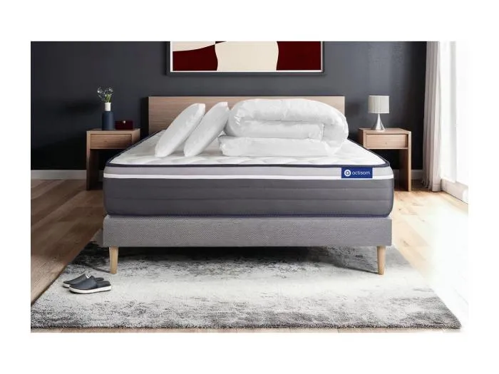 Komplettpaket Bett - Matratze 180x200 cm + Boxspringbett mit Lattenrost (im Set) + 2 Kopfkissen + Bettdecke - Actilatex Plus