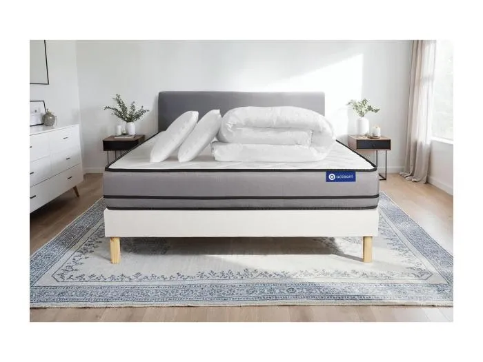 Komplettpaket Bett - Matratze 140x190 cm + Boxspringbett mit Lattenrost (im Set) + 2 Kopfkissen + Bettdecke - Actilatex Night