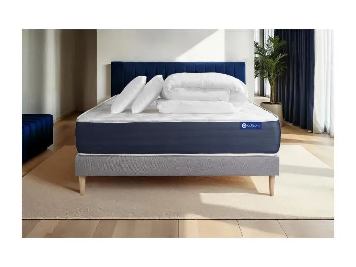Komplettpaket Bett - Matratze 200x200 cm + Boxspringbett mit Lattenrost (im Set) + 2 Kopfkissen + Bettdecke - Actiflex Sleep