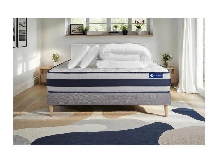 Komplettpaket Bett - Matratze 200x200 cm + Boxspringbett mit Lattenrost (im Set) + 2 Kopfkissen + Bettdecke - Actiflex Ergo