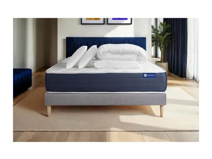 Komplettpaket Bett - Matratze 200x200 cm + Boxspringbett mit Lattenrost (im Set) + 2 Kopfkissen + Bettdecke - Actimemo Sleep