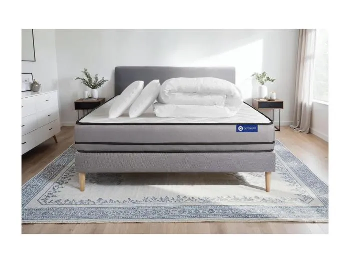 Komplettpaket Bett - Matratze 200x200 cm + Boxspringbett mit Lattenrost (im Set) + 2 Kopfkissen + Bettdecke - Actilatex Night