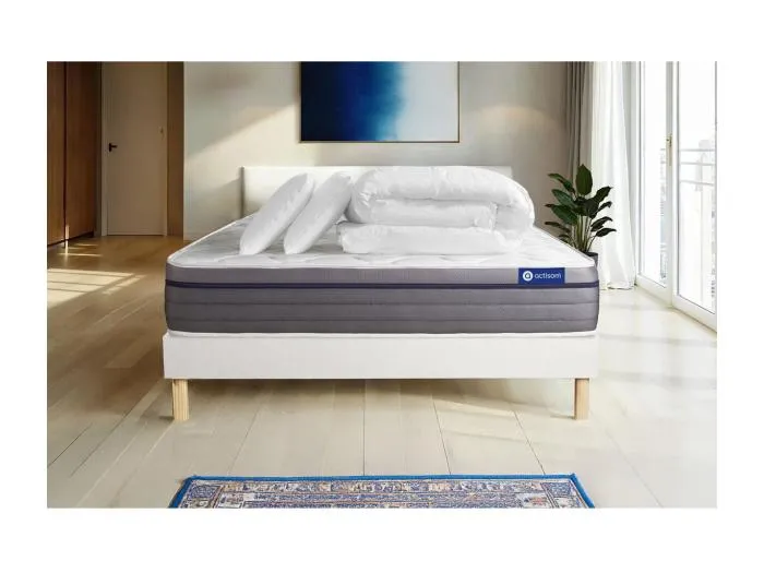 Komplettpaket Bett - Matratze 160x200 cm + Boxspringbett mit Lattenrost (im Set) + 2 Kopfkissen + Bettdecke - Actilatex Zen