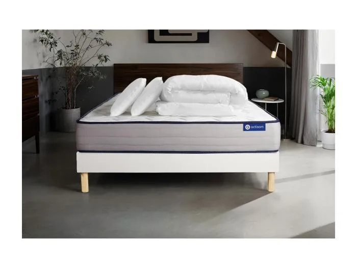 Komplettpaket Bett - Matratze 140x190 cm + Boxspringbett mit Lattenrost (im Set) + 2 Kopfkissen + Bettdecke - Actilatex Form