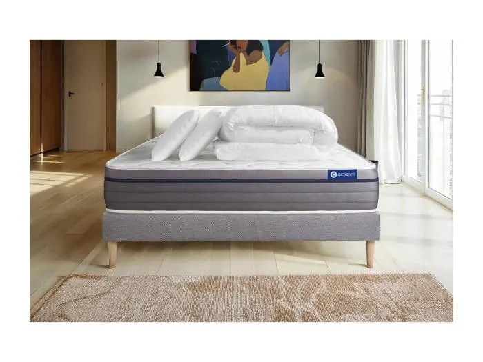 Komplettpaket Bett - Matratze 200x200 cm + Boxspringbett mit Lattenrost (im Set) + 2 Kopfkissen + Bettdecke - ActiMemo Zen