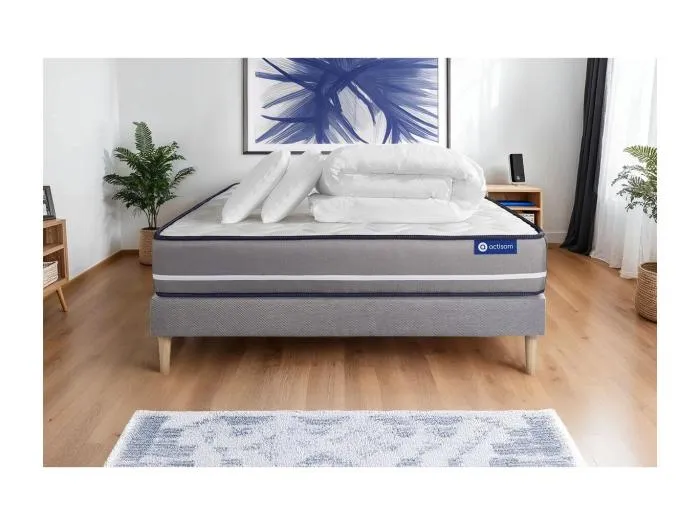 Komplettpaket Bett - Matratze 140x190 cm + Boxspringbett mit Lattenrost (im Set) + 2 Kopfkissen + Bettdecke - Actilatex Pur