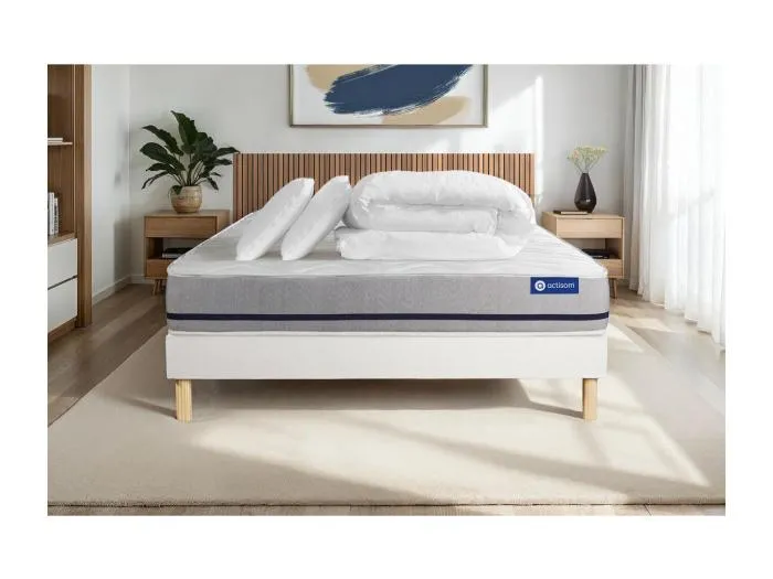 Komplettpaket Bett - Matratze 160x200 cm + Boxspringbett mit Lattenrost (im Set) + 2 Kopfkissen + Bettdecke - Actiflex Soft