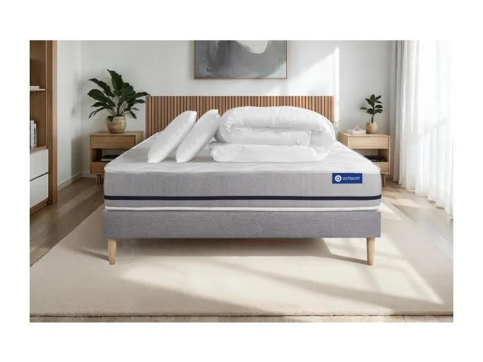 Komplettpaket Bett - Matratze 140x190 cm + Boxspringbett mit Lattenrost (im Set) + 2 Kopfkissen + Bettdecke - Actimemo Soft