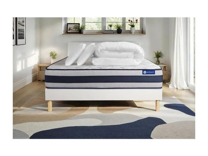 Komplettpaket Bett - Matratze 140x190 cm + Boxspringbett mit Lattenrost (im Set) + 2 Kopfkissen + Bettdecke - Actiflex Ergo