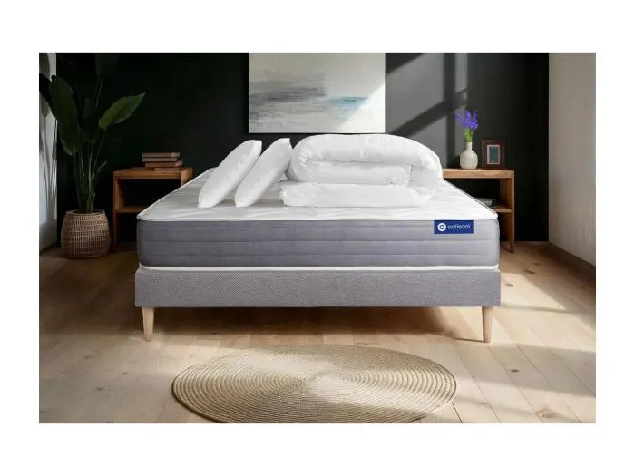 Komplettpaket Bett - Matratze 140x190 cm + Boxspringbett mit Lattenrost (im Set) + 2 Kopfkissen + Bettdecke - Actilatex Dream