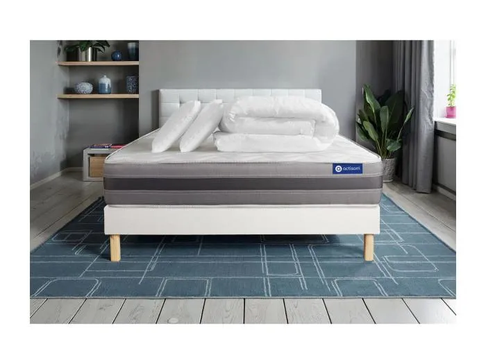 Komplettpaket Bett - Matratze 160x200 cm + Boxspringbett mit Lattenrost (im Set) + 2 Kopfkissen + Bettdecke - Actilatex Relax