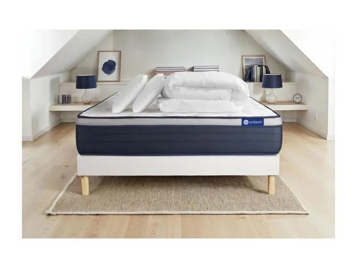 Komplettpaket Bett - Matratze 140x200 cm + Boxspringbett mit Lattenrost (im Set) + 2 Kopfkissen + Bettdecke - Actimemo Max