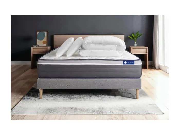 Komplettpaket Bett - Matratze 140x200 cm + Boxspringbett mit Lattenrost (im Set) + 2 Kopfkissen + Bettdecke - ActiMemo Plus
