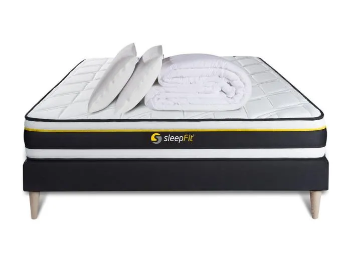 Komplettpaket - Matratze 140x200 cm + Boxspringbett mit Lattenrost (im Set) + 2 Kopfkissen + Bettdecke - Soft