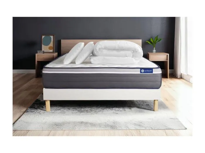 Komplettpaket Bett - Matratze 180x200 cm + Boxspringbett mit Lattenrost (im Set) + 2 Kopfkissen + Bettdecke - ActiMemo Plus