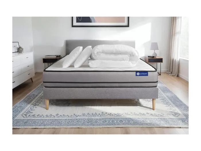 Komplettpaket Bett - Matratze 140x200 cm + Boxspringbett mit Lattenrost (im Set) + 2 Kopfkissen + Bettdecke - Actimemo Night