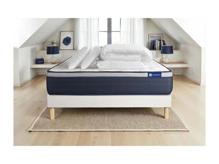 Komplettpaket Bett - Matratze 200x200 cm + Boxspringbett mit Lattenrost (im Set) + 2 Kopfkissen + Bettdecke - Actiflex Max