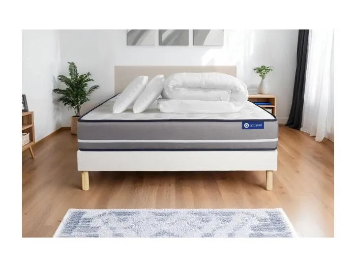 Komplettpaket Bett - Matratze 140x200 cm + Boxspringbett mit Lattenrost (im Set) + 2 Kopfkissen + Bettdecke - Actimemo Pur