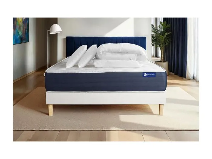 Komplettpaket Bett - Matratze 140x190 cm + Boxspringbett mit Lattenrost (im Set) + 2 Kopfkissen + Bettdecke - Actilatex Sleep