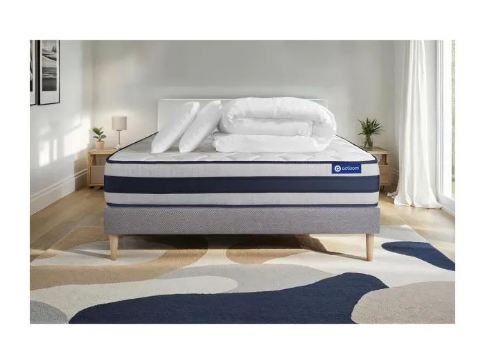 Komplettpaket Bett - Matratze 160x200 cm + Boxspringbett mit Lattenrost (im Set) + 2 Kopfkissen + Bettdecke - Actilatex Ergo
