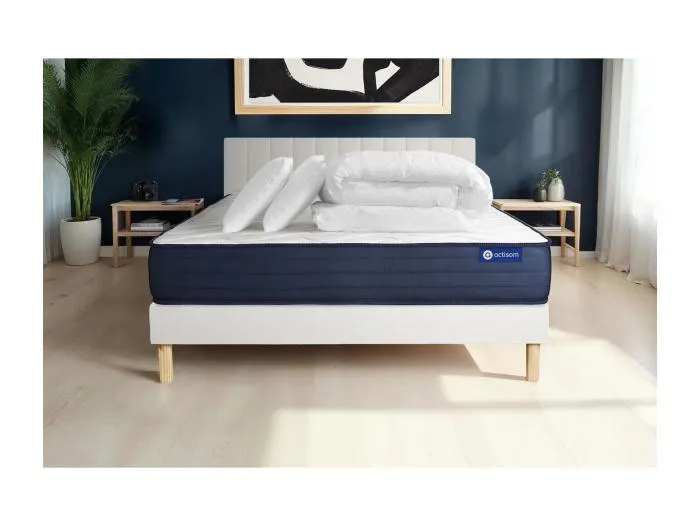 Komplettpaket Bett - Matratze 140x200 cm + Boxspringbett mit Lattenrost (im Set) + 2 Kopfkissen + Bettdecke - Actilatex Life