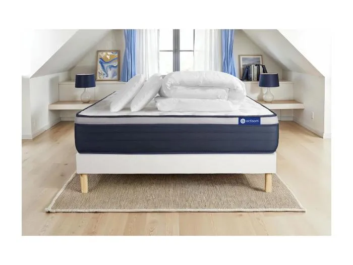 Komplettpaket Bett - Matratze 140x190 cm + Boxspringbett mit Lattenrost (im Set) + 2 Kopfkissen + Bettdecke - Actilatex Max