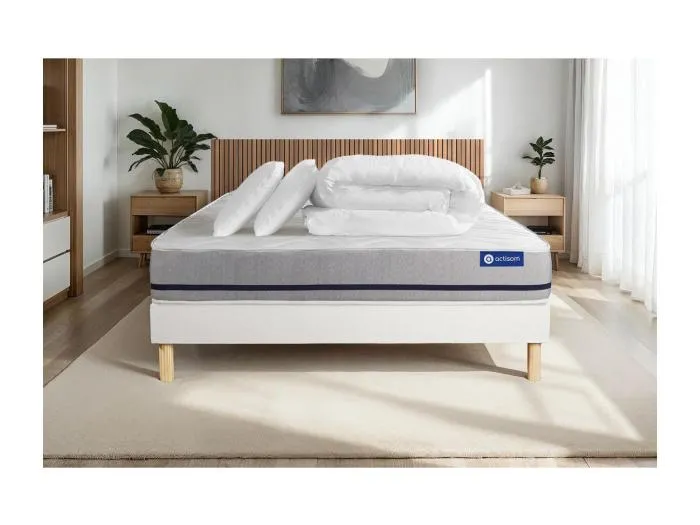 Komplettpaket Bett - Matratze 180x200 cm + Boxspringbett mit Lattenrost (im Set) + 2 Kopfkissen + Bettdecke - Actimemo Soft