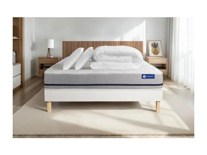 Komplettpaket Bett - Matratze 180x200 cm + Boxspringbett mit Lattenrost (im Set) + 2 Kopfkissen + Bettdecke - Actilatex Soft