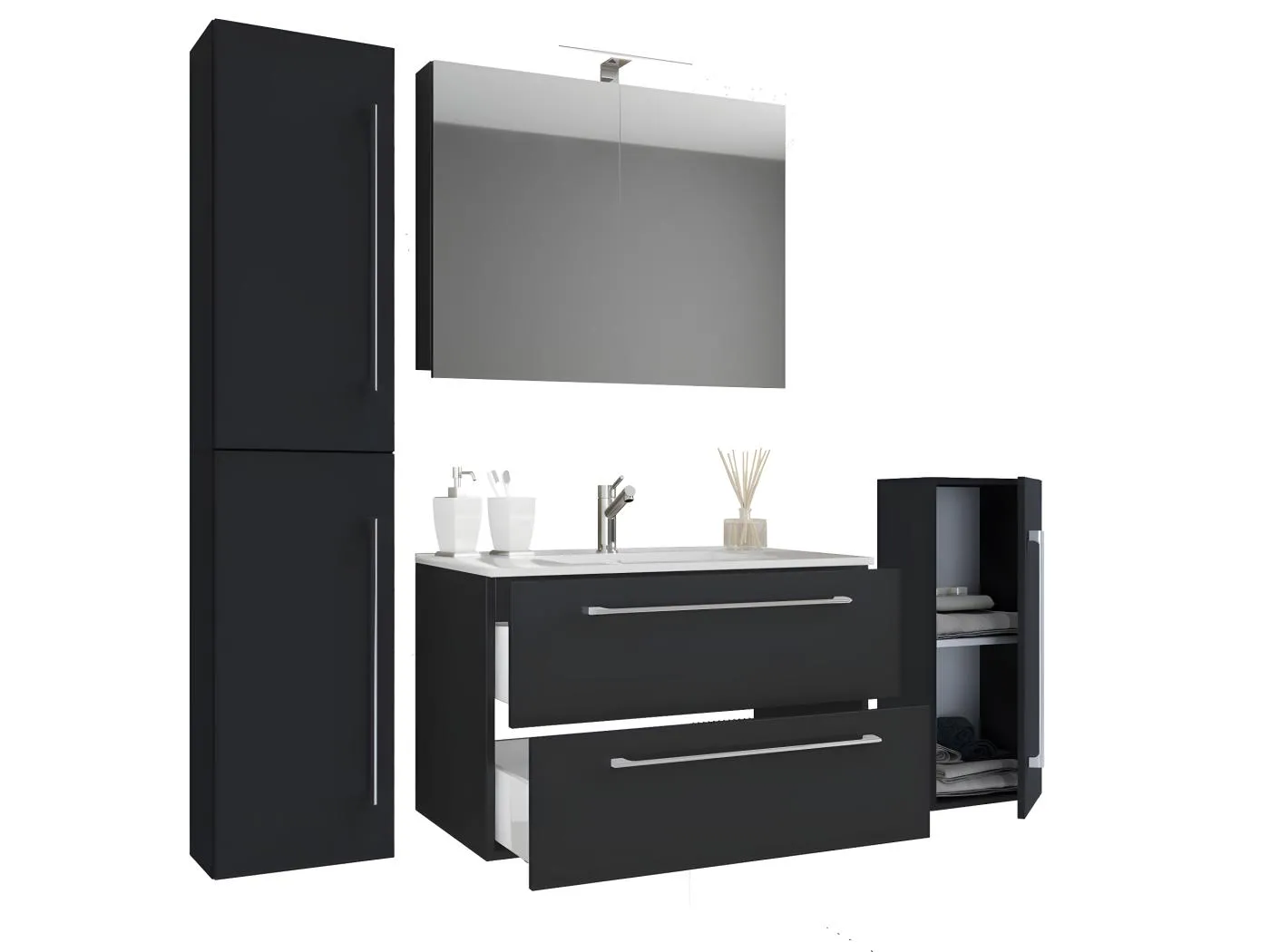 Badinos Badmöbel-Sets A 80 cm, Spiegelschrank Schwarz.