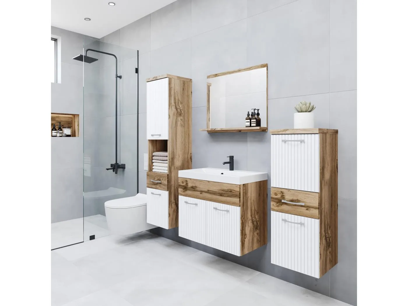 MINIO go for it, Badmöbel ALBECK in Farbe Eiche wotan / weiß MDF Design M5